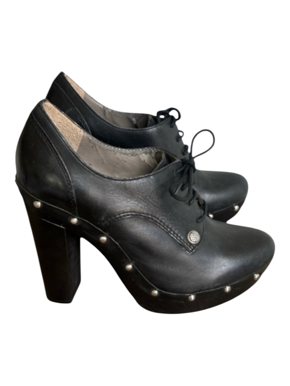 Vince Camuto Canasta Black Leather Studded Platform Clog Heels Oxfords Sz 8